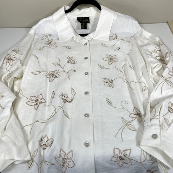 Vintage C B STUDIO Womens XL 100% Linen Floral Embroidered Long Sleeve Button Up - Picture 7 of 8